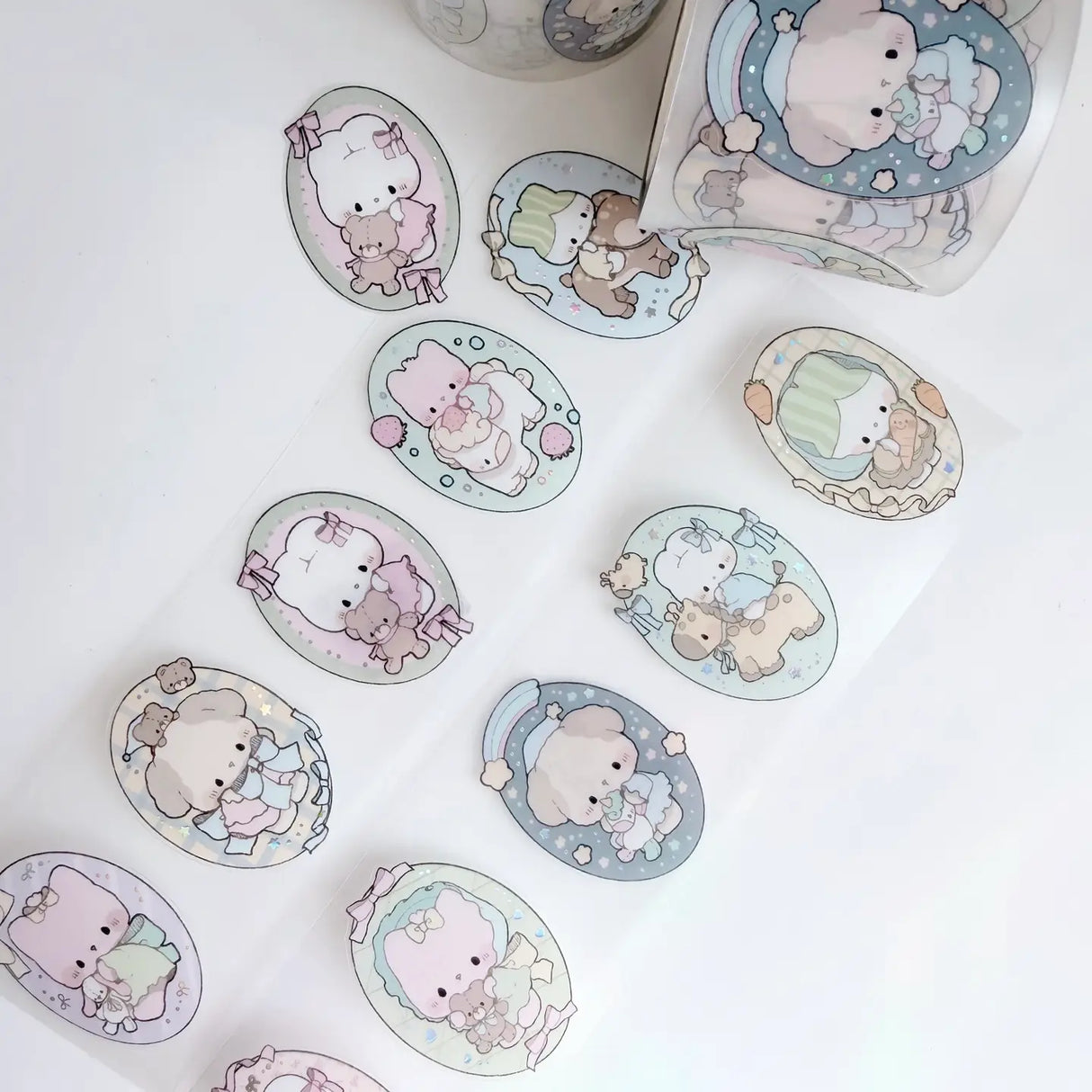 New sticker rolls designs have arrived! Choose between a sweet strawberry and cream unicorn design and a character portrait style or get both!
Product details:
45mm x 5m (the pattern is repeated about 15 times on one roll)
Clear Matte with Foil