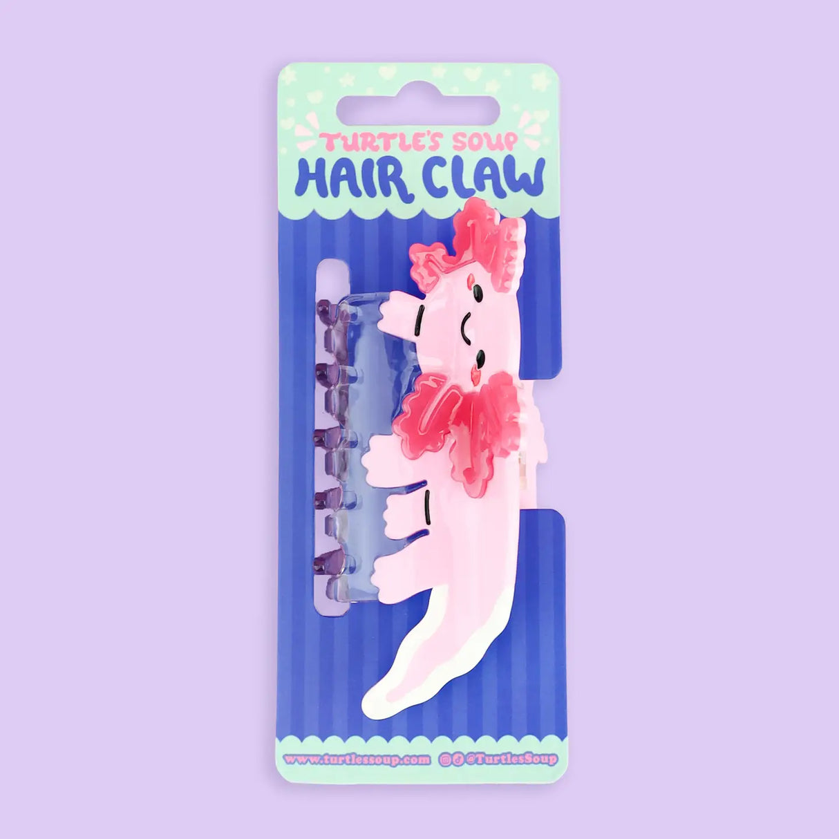 Axolotl Hair Claw' Hair Accessory by Turtle's Soup.
Includes one (1) hair claw
Claw is roughly 3"
3D, engraved, printed, and painted details
High quality acetate material, stronger than standard hair clips
Themed packaging