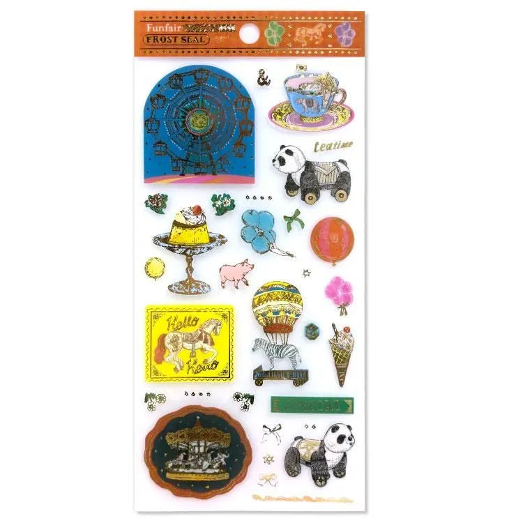 Aya Inoue - Fun Fair Sticker Sheet
Escape everyday life and enjoy a dreamlike moment in a place off the map! Made from PET material, it has a matte texture and beautiful transparency, with gold leaf applied and sprinkled with fun motifs such as Ferris wheels and animal rides.
Size: 90×195mm
Material: Pet/ Gold Leaf