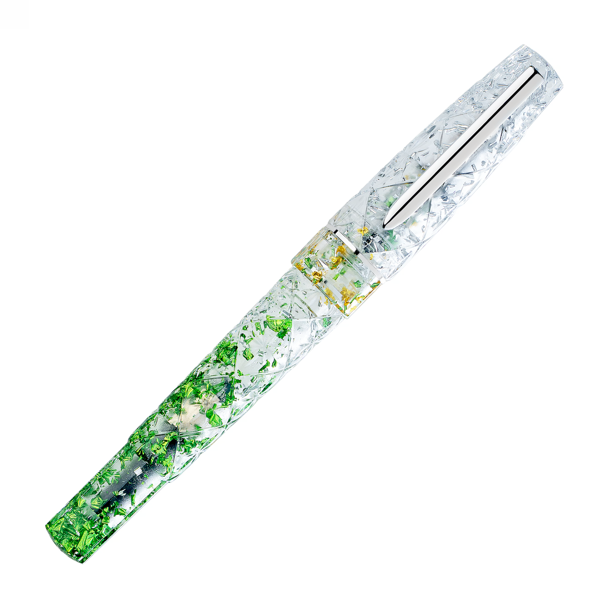 BENU Cocktail Hour Fountain Pen - Mojito
Inspired by the classic Mojito cocktail, this pen combines a transparent acrylic body with silver, green, and golden sparkling particles in a lively faceted design that beautifully interacts with light. The diamond-cut inspired surface creates depth, reflections, and movement across the material, giving the pen a fresh, glass-like appearance reminiscent of ice, lime, and sparkling summer cocktails. Bright, energetic, and refreshing, Mojito brings a playful yet sophi