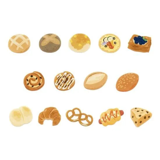 Bande's popular patterns are making a comeback!
The bakery pattern, which gives off the aroma of freshly baked goods, was a popular product in the early days. I flip through each sheet as if I'm picking at a bakery, playing around. If you stick it along the borders of your notebook or notebook, you can create a decoration that will make you smile.
Product size: Height 13~15mm×Width 16.5~21mm
Pattern types: 14 patterns
Number of sheets: 120 sheets
Packaging size: Height 125mm× Width 68mm× Depth 48mm