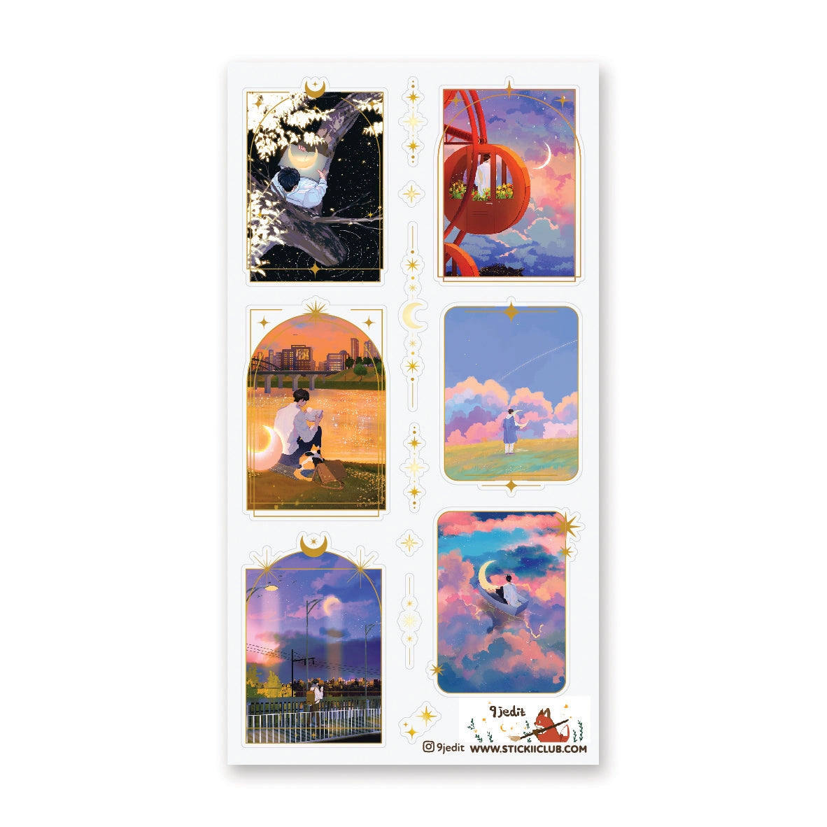 đâ Wanna get even further away? @9jeditâs got you covered with this stellar celestial set. Sometimes we can only escape in our daydreams and why would we want that to be ordinary? Think cozy reads under crescent moons, ferris wheel rides through cotton candy skies, and portals to worlds that arenât planet earth. Take us away!
Art by: @9jedit
Top Coating: Gold foil
Adhesive Layer: PVC (plastic)
Backing Layer: Clear PET
6.69" x 3.54". Weight - 0.03lbs.
1 sheet included