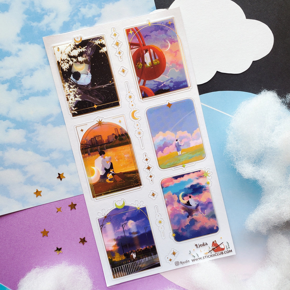 đâ Wanna get even further away? @9jeditâs got you covered with this stellar celestial set. Sometimes we can only escape in our daydreams and why would we want that to be ordinary? Think cozy reads under crescent moons, ferris wheel rides through cotton candy skies, and portals to worlds that arenât planet earth. Take us away!
Art by: @9jedit
Top Coating: Gold foil
Adhesive Layer: PVC (plastic)
Backing Layer: Clear PET
6.69" x 3.54". Weight - 0.03lbs.
1 sheet included