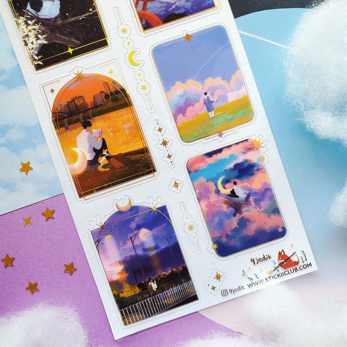 đâ Wanna get even further away? @9jeditâs got you covered with this stellar celestial set. Sometimes we can only escape in our daydreams and why would we want that to be ordinary? Think cozy reads under crescent moons, ferris wheel rides through cotton candy skies, and portals to worlds that arenât planet earth. Take us away!
Art by: @9jedit
Top Coating: Gold foil
Adhesive Layer: PVC (plastic)
Backing Layer: Clear PET
6.69" x 3.54". Weight - 0.03lbs.
1 sheet included