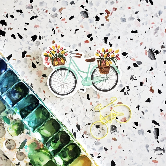 Pegatina de vinilo con diseño de bicicleta y tulipanes en color menta