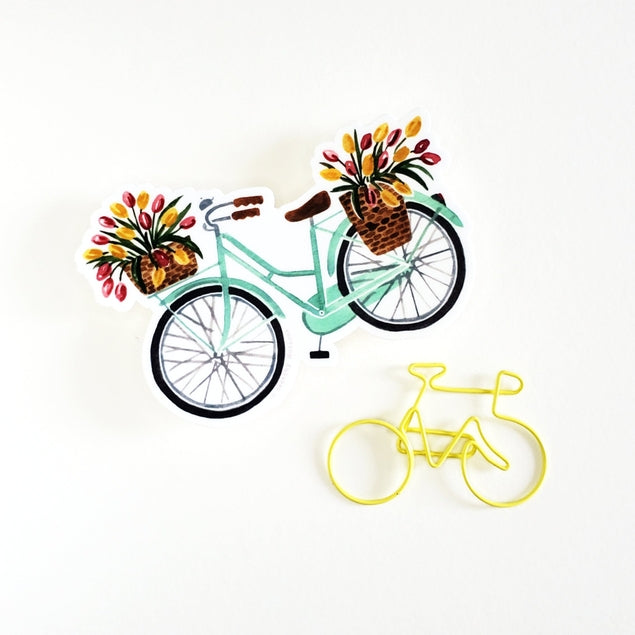 Pegatina de vinilo con diseño de bicicleta y tulipanes en color menta