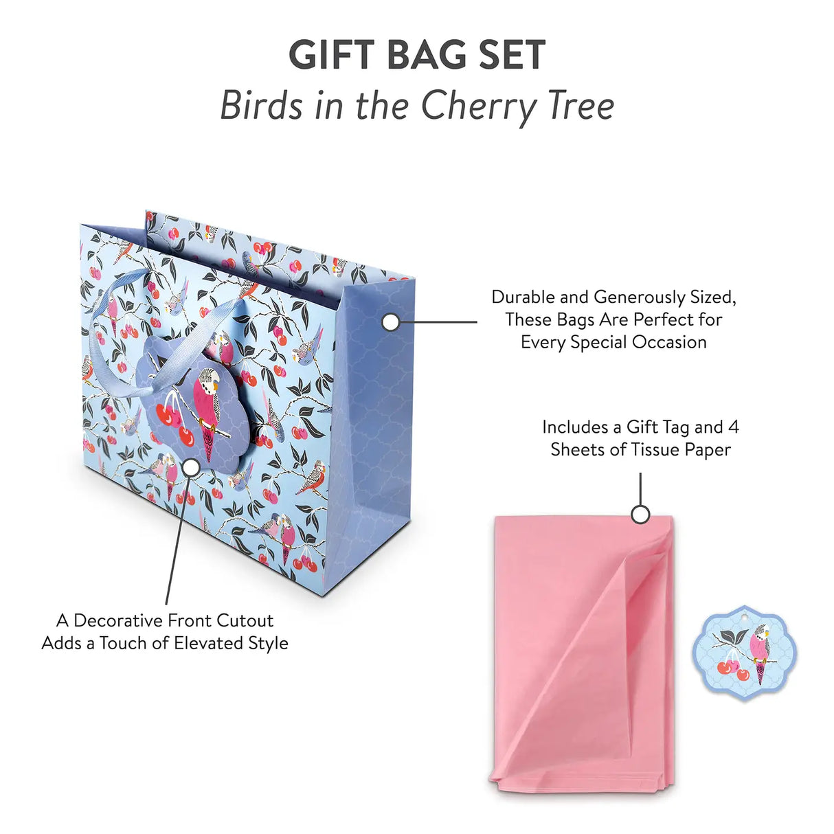 Birds in Cherry Tree Large Horizontal Gift Bag with Tissue Paper