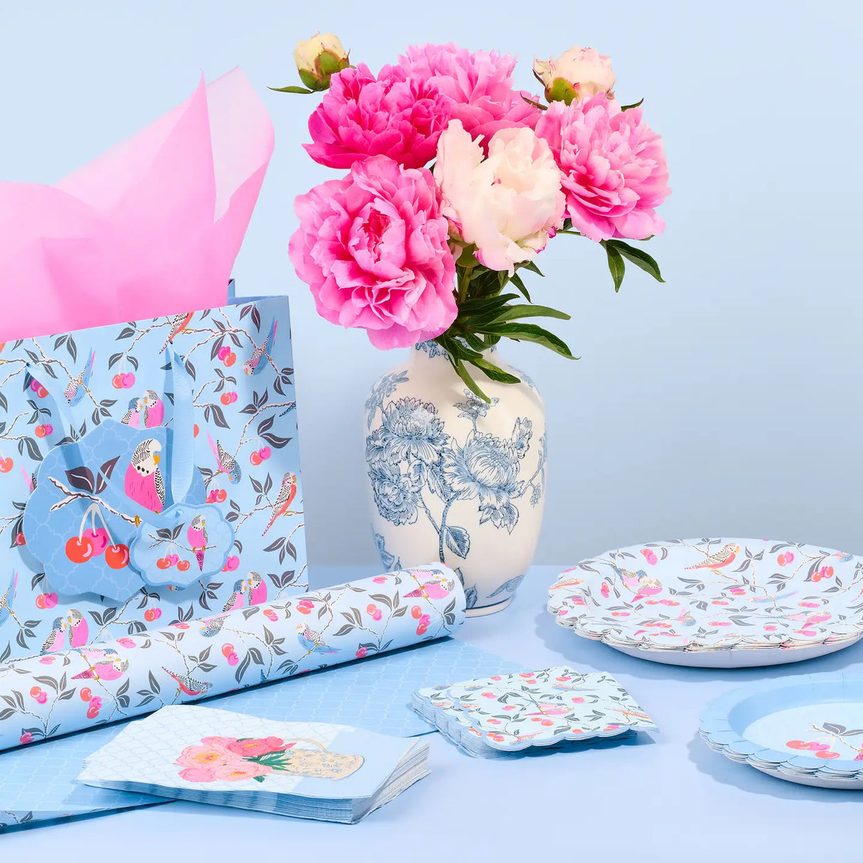 Birds in Cherry Tree Large Horizontal Gift Bag with Tissue Paper