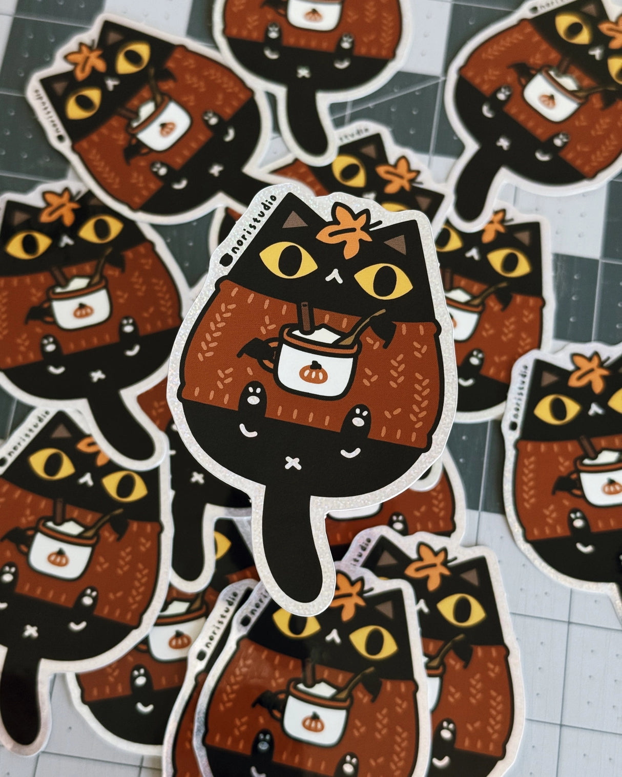 Black Cat in Orange Sweater Glitter Vinyl Sticker