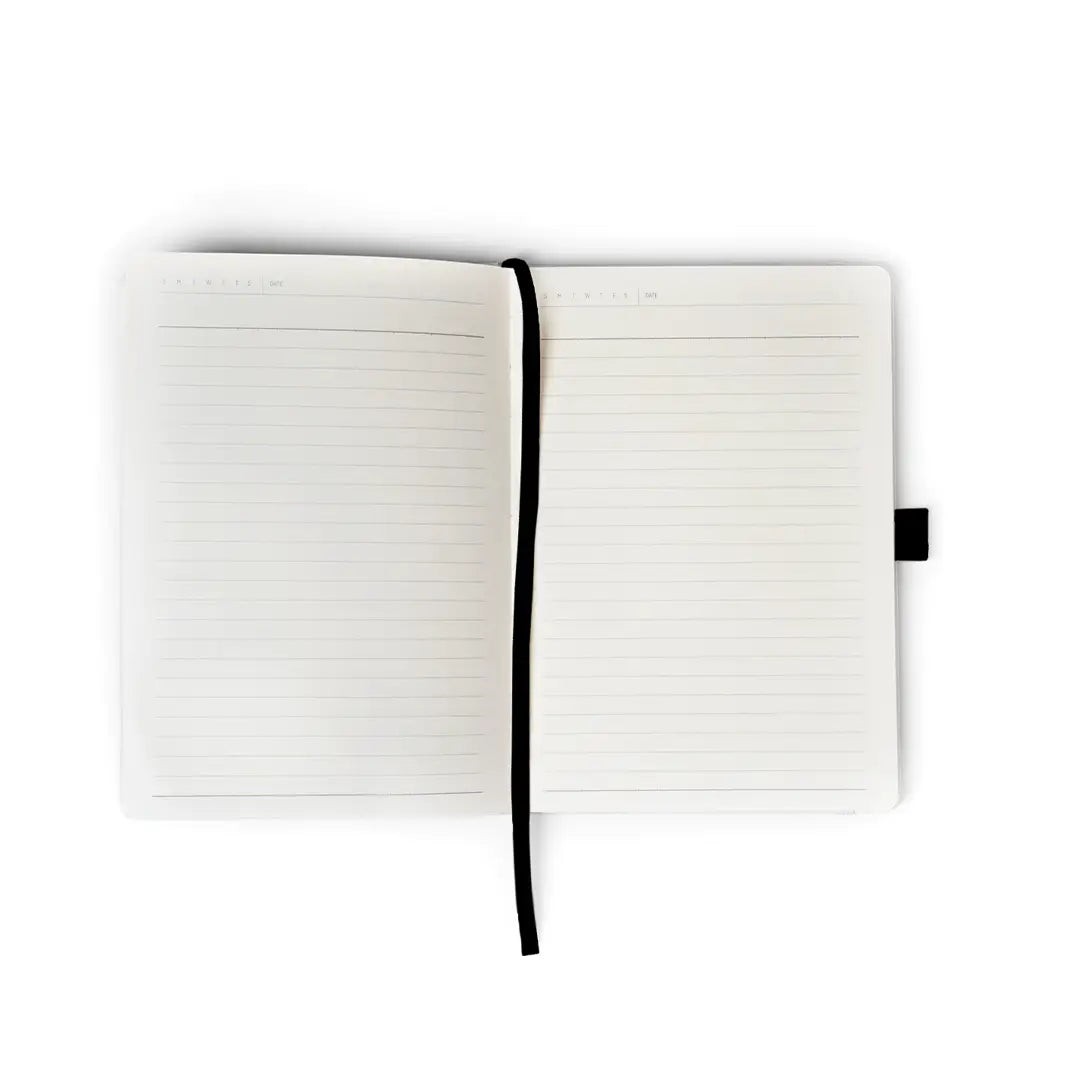 A premium soft-touch hardbound cover and smooth, lined pages make writing easy and enjoyable. The Smythe-sewn layflat binding keeps the notebook open for effortless note-taking, and the satin ribbon helps you mark your favorite pages.
New inside page design
Soft Touch Hardcover
5.75" x 8.25"
144 Lined Pages
Contrast Endpages
Bookmark, Pen Loop, & Elastic Closure