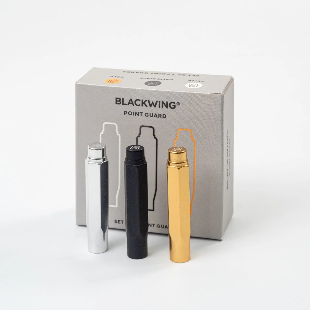 The Blackwing Point Guard is designed to ensure your Blackwing pencil gets wherever you’re going in one piece. Crafted out of lightweight, machined aluminum, the Point Guard goes over the point of your Blackwing pencil, keeping it safe in your bag, pocket, or pencil roll. The tip of your pencil “floats” inside the cap to protect your point against unexpected drops or jams.
Point Guards are available in matte black, matte white, bright gold, bright silver, or a mixed set of 3 (gold, silver, and black).
