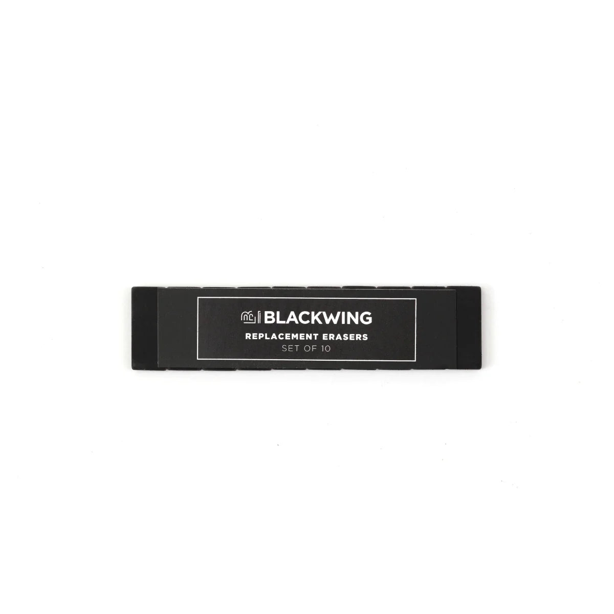 Blackwings have always been known for their iconic, replaceable, square erasers. To replace your eraser, slide the eraser and clip out of the ferrule, remove the clip from the old eraser, place the new eraser into the clip, and insert the new eraser and clip into the ferrule.
Replacement erasers come in sets of 10 and are available in black, white, pink, green, blue, navy blue, orange, yellow, red and grey.