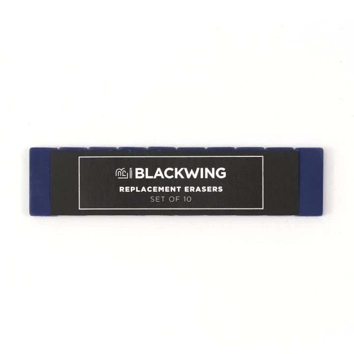Blackwings have always been known for their iconic, replaceable, square erasers. To replace your eraser, slide the eraser and clip out of the ferrule, remove the clip from the old eraser, place the new eraser into the clip, and insert the new eraser and clip into the ferrule.
Replacement erasers come in sets of 10 and are available in black, white, pink, green, blue, navy blue, orange, yellow, red and grey.