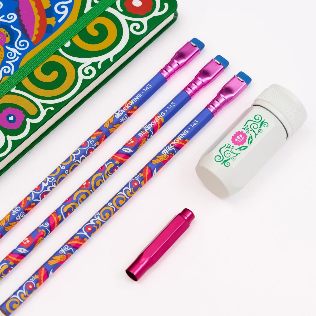 Volume 143 is our tribute to Frida Kahlo. The model number 143 is a nod to the 143 paintings commonly attributed to her over the course of her life.
The limited-edition Volume 143 Frida Kahlo Notebook Essentials Set includes a Vol. 143 Frida Kahlo Notebook, 4 x Vol. 143 Pencils, Vol. 143 One-Step Sharpener, and a Vol. 143 Point Guard, all inside a Frida Kahlo-inspired gift box.
Contains:
1 x Vol. 143 Frida Kahlo Notebook
4 x Vol. 143 Pencils with Soft Graphite
1 x Vol. 143 One-Step Sharpener
1 x Vol. 143