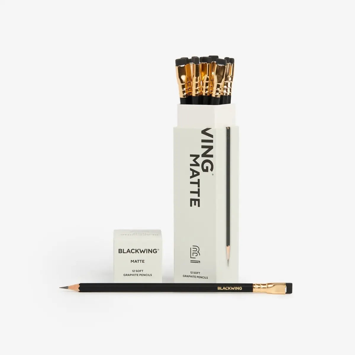 The Blackwing Matte pencil is ideal for drawing, music writing, woodworking, and anyone who prefers a soft, dark line. The Blackwing Matte contains the same soft graphite formulation as the since renamed "Blackwing Palomino."This graphite pencil glides effortlessly for bold shading and smooth writing. Available in Black, Green, and Red.
Blackwing Matte pencils come in a 12-pack gift box that doubles as a pencil cup. Features a Graphite Identification Stamp indicating its "SOFT" graphite core.
All Blackwin