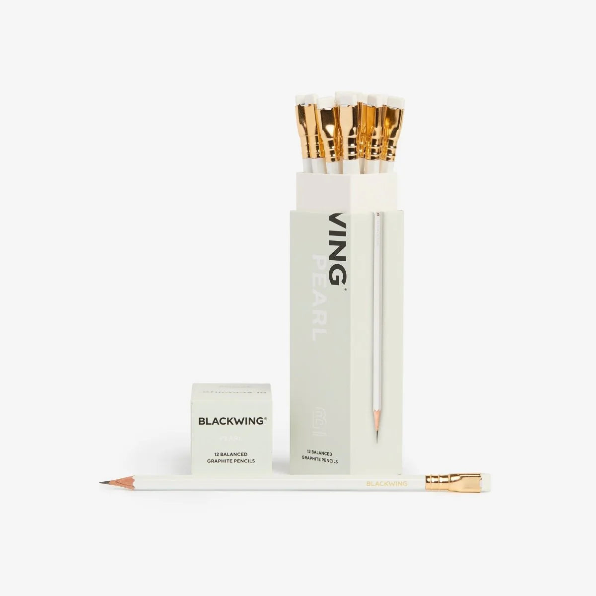 A favorite of calligraphers and illustrators, the Blackwing Pearl pencil includes a balanced and smooth graphite core that is softer than the graphite found in the Blackwing 602 but firmer than the graphite found in the Blackwing Matte. Perfect for daily writing, journaling, and sketching. Each pencil features a pearlescent white, pink, or blue finish, our iconic square Blackwing ferrule, and a replaceable eraser.
Blackwing Pearl pencils come in a 12-pack gift box that doubles as a pencil cup. 