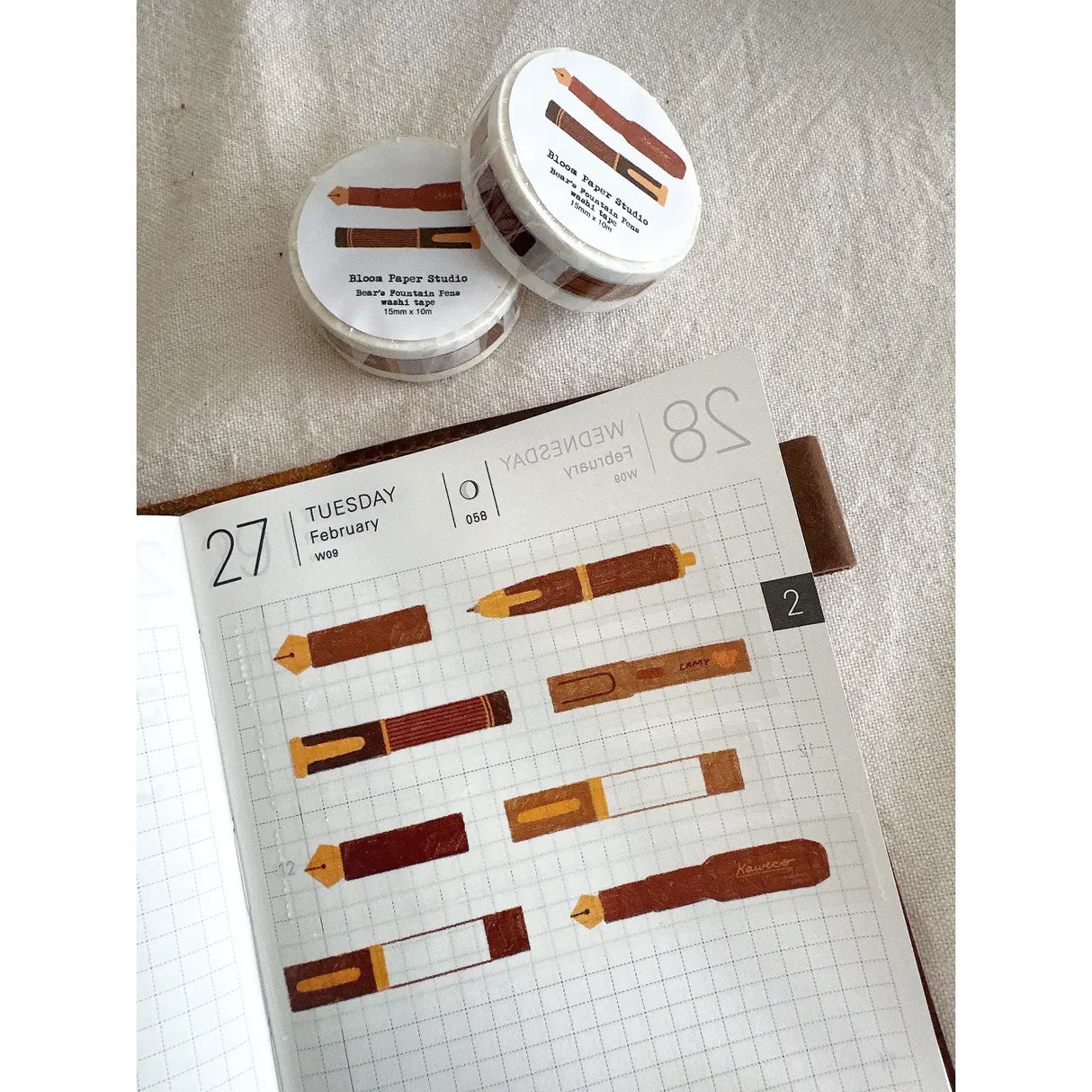 Bloom Paper Studio Washi Tape - Bear's Fountain Pens
This is a collection of Bear's fountain pens! He is in his happy place.
made with:
- washi paper
-15mm x 10m
Note: Colors on screen may appear slightly different on paper. By purchasing, you have acknowledged reading this disclaimer.