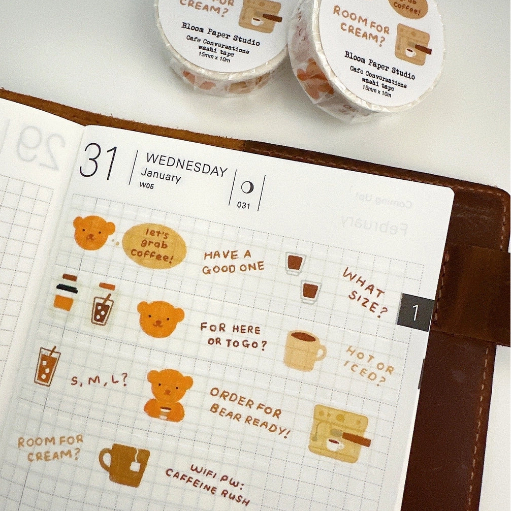 Cafe Conversations contains regular sayings you would hear at a coffee shop between the baristas and the customer.
Made with:
- washi paper
-15mm x 10m
Note: Colors on screen may appear slightly different on paper. By purchasing, you have acknowledged reading this disclaimer.