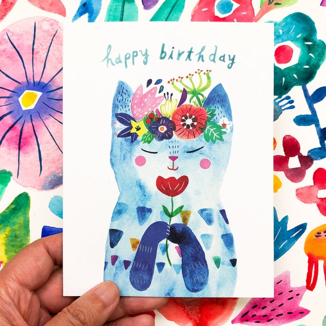 Blue Flower Kitty Birthday Greeting Card