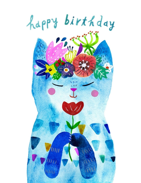 Blue Flower Kitty Birthday Greeting Card
