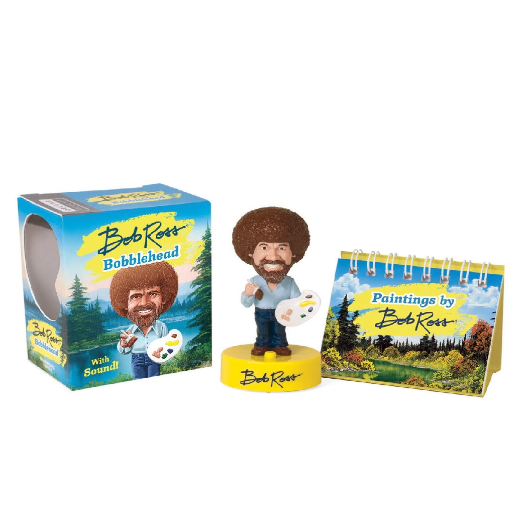 Bring the soothing sounds of Bob Ross and The Joy of Painting into your home or office with the one and only miniature Bob Ross Talking Bobblehead.
Kit includes:
4" bobblehead figure that plays 10 different wise and witty sayings from the art master
Mini easel book featuring 30 of Ross's landscape works, which can be displayed alongside the bobblehead figure
