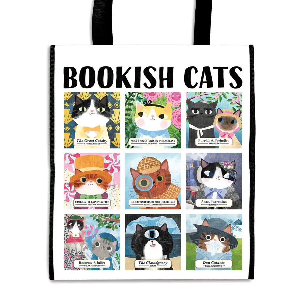 Bookish Cats Reusable Shopping Bag from Mudpuppy features 9 adorable cat portraits from classic books including Romeow & Juliet, The Great Catsby, Purride & Prejudice and more! This tote is a great low-price alternative to single-use plastic bags.