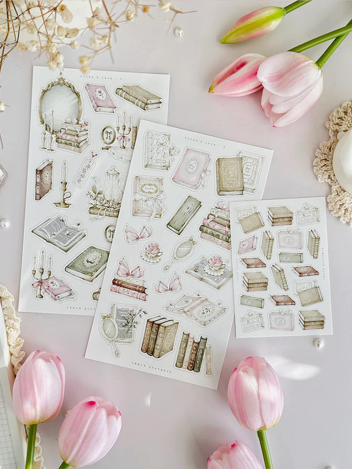 leelajournals Books & Lace Sticker Sheet - 3pc set