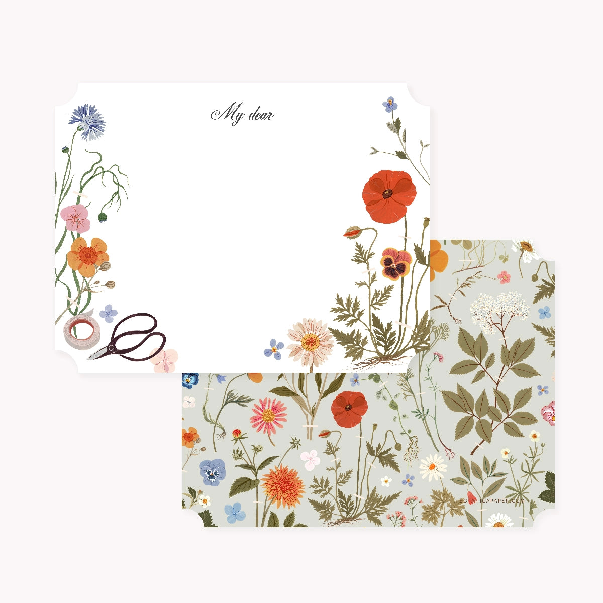 Botanica Paper Co. Herbarium A6 Notecards | Set of 4
Size A2, 5.5" x 4.25"
Pack of 4 writing cards + 4 A2 envelopes
Die-cut corners
Printed full color on heavyweight card stock
Illustrated pattern on the back