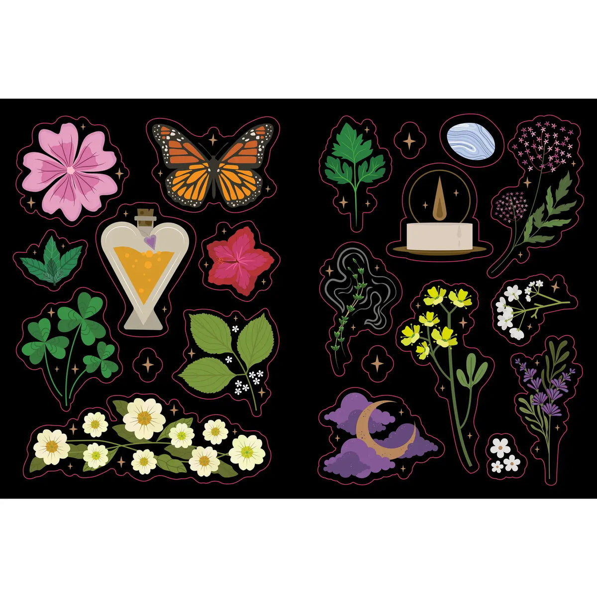 Discover the magick in everyday life with this enchanting sticker-and-spell book designed to help you personalise your practice, deepen your craft and reconnect with nature.
Blending creativity with accessible Witchcraft, Botanical Magickal Stickers & Spells invites modern mystics to decorate, journal, manifest and spellcast with intention.
Featuring over 200 beautifully illustrated botanical stickers and simple, nature-based spells and affirmations, this is a vibrant toolkit for Witches of every lev