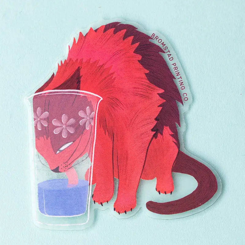 Bromstad Printing Co. - Hydrated Cat Clear Vinyl Sticker
A thirsty cat reaches their head into a glass of water to have a little drink. This 3" clear sticker is transparent around the edges of the image and ideal for adorning water bottles, laptops, and more.
Waterproof
3x3