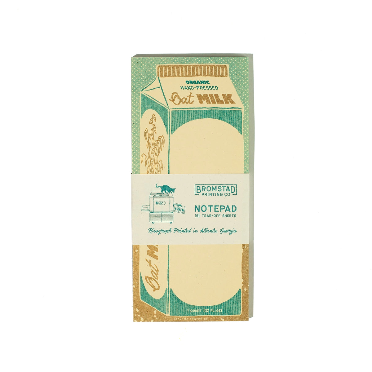 Part of the Quart Collection of charming carton-shaped notepads. Oat milk is for the lactose-intolerant and those looking for plant-based alternatives to dairy. Risograph printed in metallic gold and teal on cream paper.