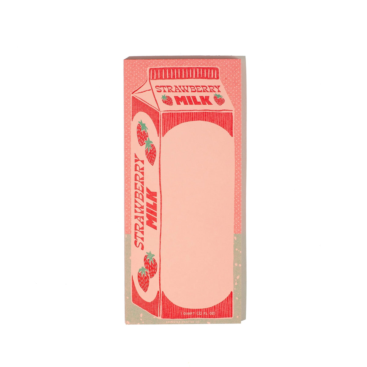 Part of the Quart Collection of charming carton-shaped notepads. Strawberry milk is sweet pink concoction for sweet scribbles. Risograph printed in bright red and seafoam ink on pink paper with red glue binding.