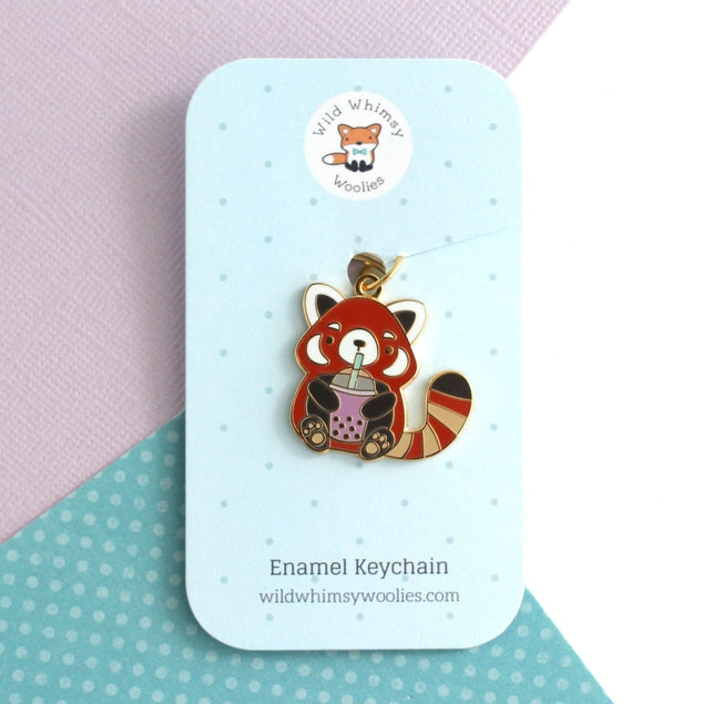 Bubble Tea Red Panda Enamel Keychain