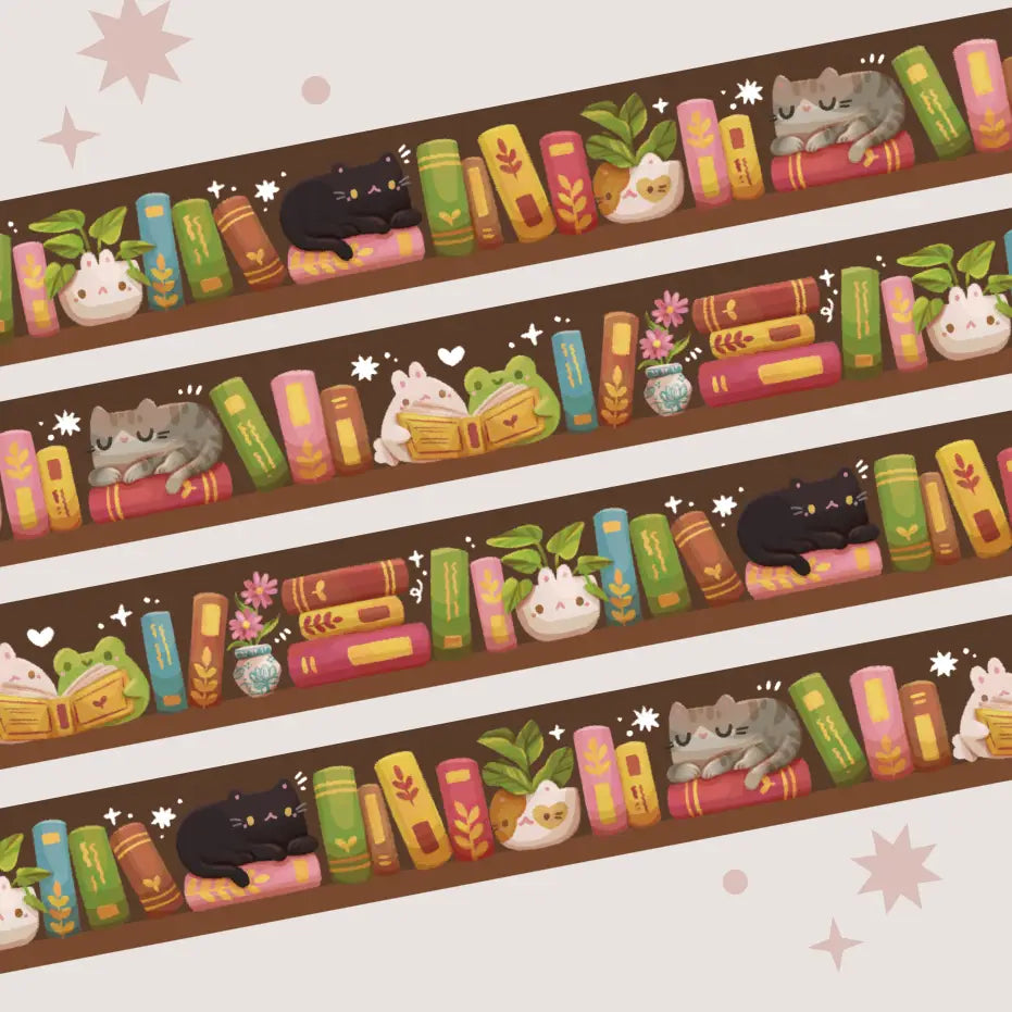 A washi tape inspired by bookish things! This is a reprint of an older design - the colors are a little brighter this time. Each roll of washi tape is 15mm (approximately 0.59 inches) wide and 10 meters (approximately 10.9 yards) long.
Washi tapes have a small labeling sticker with branding and design, but without extra packaging.