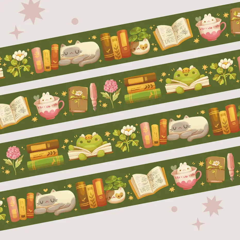 A washi tape inspired by plants and bookish things! This is a reprint of an older design - the colors are a little brighter this time. Each roll of washi tape is 15mm (approximately 0.59 inches) wide and 10 meters (approximately 10.9 yards) long.
Washi tapes have a small labeling sticker with branding and design, but without extra packaging.