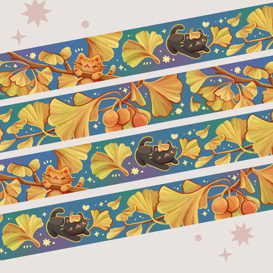 A washi tape inspired by ginkgo leaves! Each roll of washi tape is 15mm (approximately 0.59 inches) wide and 10 meters (approximately 10.9 yards) long.
Washi tapes have a small labeling sticker with branding and design, but without extra packaging.