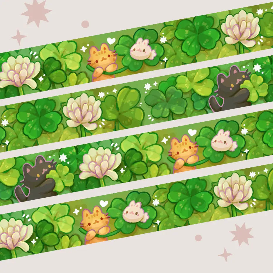 A washi tape inspired by spring clovers! Each roll of washi tape is 15mm (approximately 0.59 inches) wide and 10 meters (approximately 10.9 yards) long.
Washi tapes have a small labeling sticker with branding and design, but without extra packaging.
