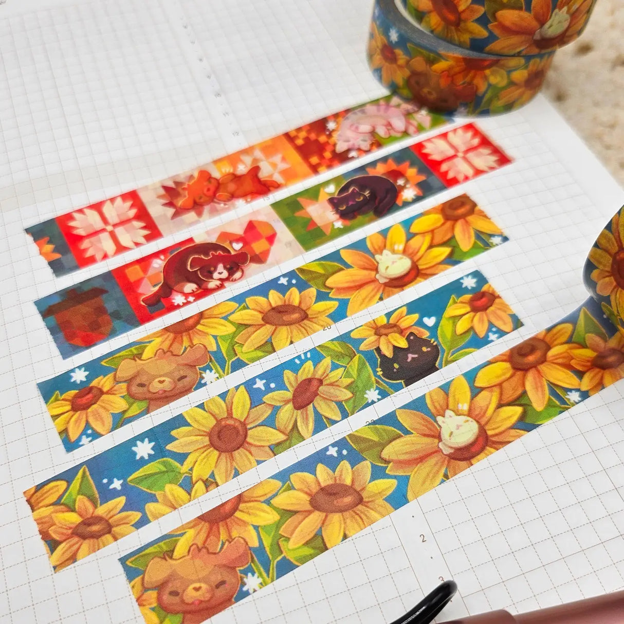 A washi tape inspired by sunflowers! Each roll of washi tape is 15mm (approximately 0.59 inches) wide and 10 meters (approximately 10.9 yards) long.
Washi tapes have a small labeling sticker with branding and design, but without extra packaging.
