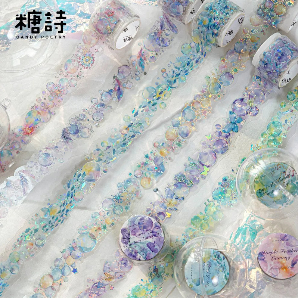 Pop these adorable new bubble themed PET Tapes into your life! These bubble themed tapes include different elements to make the bubbles even cuter such as fish, butterflies, and stars!
Material: PET
Size: 30mm*2000mm (1.18*78.74 inch)
Theme: Bubbles
Includes 1 roll of PET tape