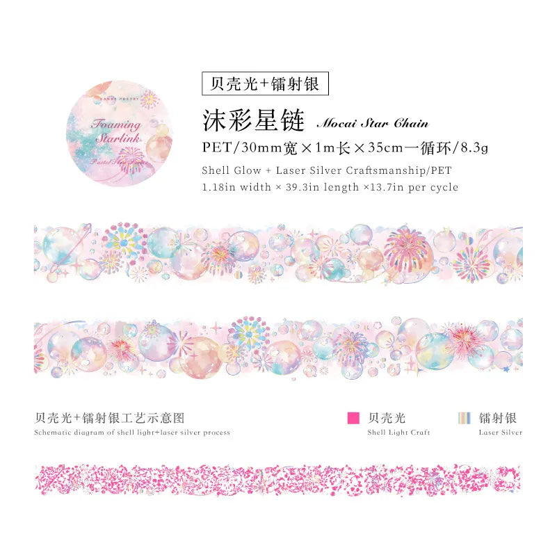 Pop these adorable new bubble themed PET Tapes into your life! These bubble themed tapes include different elements to make the bubbles even cuter such as fish, butterflies, and stars!
Material: PET
Size: 30mm*2000mm (1.18*78.74 inch)
Theme: Bubbles
Includes 1 roll of PET tape