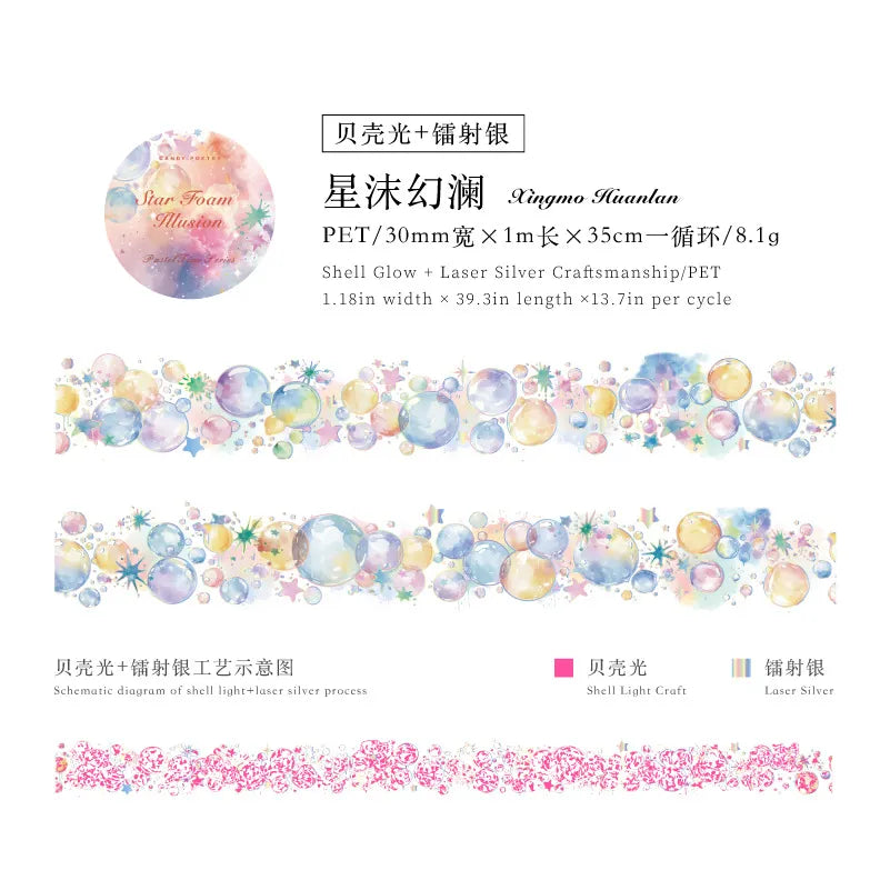 Pop these adorable new bubble themed PET Tapes into your life! These bubble themed tapes include different elements to make the bubbles even cuter such as fish, butterflies, and stars!
Material: PET
Size: 30mm*2000mm (1.18*78.74 inch)
Theme: Bubbles
Includes 1 roll of PET tape