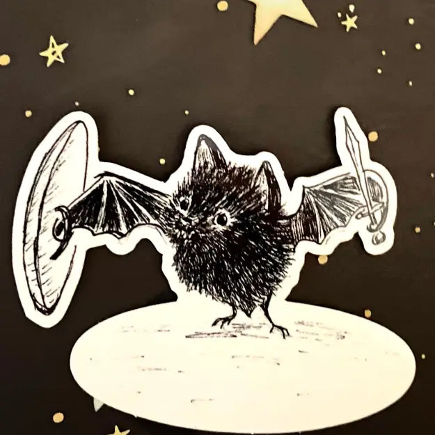 An adorable vinyl sticker of a brave bat with a sword and a shield, ready to be the protector of the world!
Includes 1 vinyl sticker
Dimensions: 3in x 2.5in
Dishwasher Safe and Water resistant
Perfect for water bottles, laptops, folders and more!