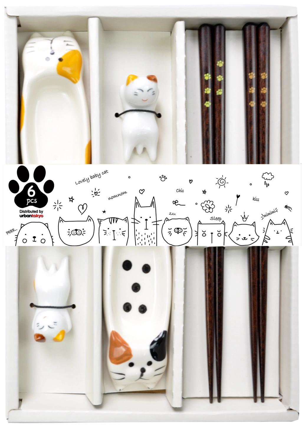 This adorable box set includes 2 sets of chopsticks, rests, and sauce dishes.
Size: Chopsticks 9 inch, Cat Sauce Dish 4 inch L
Material: Bamboo and Ceramic
Origin: China