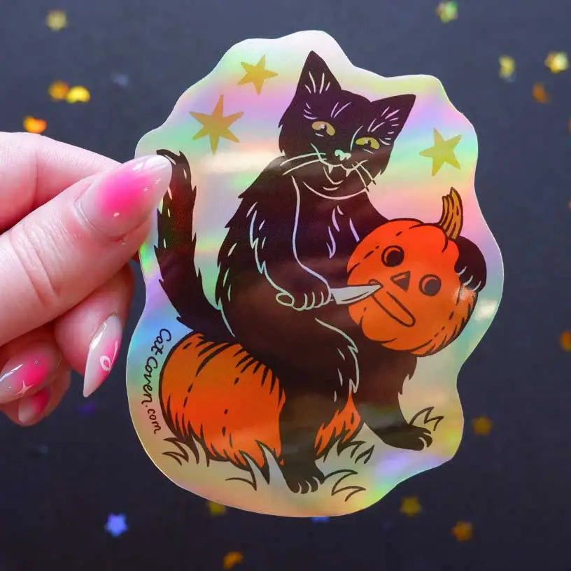 Cat Coven - Pumpkin Carver Holographic Vinyl Sticker
Celebrate your love for Halloween with this cute new pumpkin carver vinyl sticker! This sticker is perfect for your journal, water bottle, laptop, and more.
Waterproof, UV protected & high temperature resistant
3 x 4 inches and holographic!
Colors may vary slightly from your computer screen to real life product