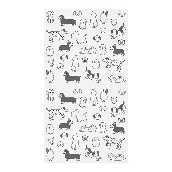 The "Talking Dog Pattern" is a design that is irresistible for dog lovers, featuring various dogs such as dachshunds and pugs. You can express the mood of the day with the unique expressions of the dogs.
A wide variety of sticker designs to use with your notebook
These peel-and-stick PET stickers will make your daily records more fun. Simply stick them freely on the margins of your notebook to create a gorgeous page. It can be divided into two parts up and down with perforations, so you can carry