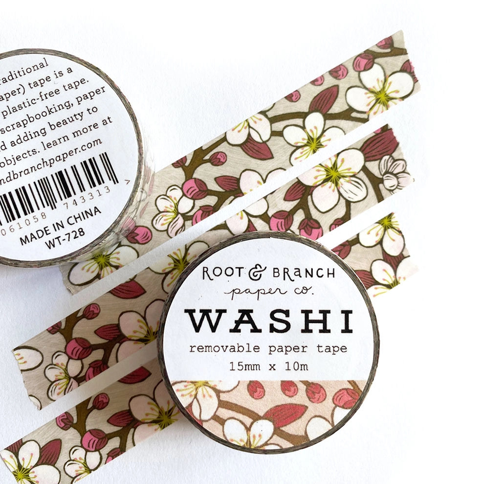 Our cherry blossom washi tape is a delicate pink tape created in celebration of our favorite early spring tree: the cherry blossom! This is a lightweight decorative tape printed on traditional rice paper. It is removable and leaves no residue, making it perfect for scrapbooking, stationery, crafts and more. Featuring a collection of complementary nature inspired designs that bring a pop of color to all your projects! Perfect for gifting and arts + crafts displays.
Tape dimensions: 15mm x 10m, or 0.59