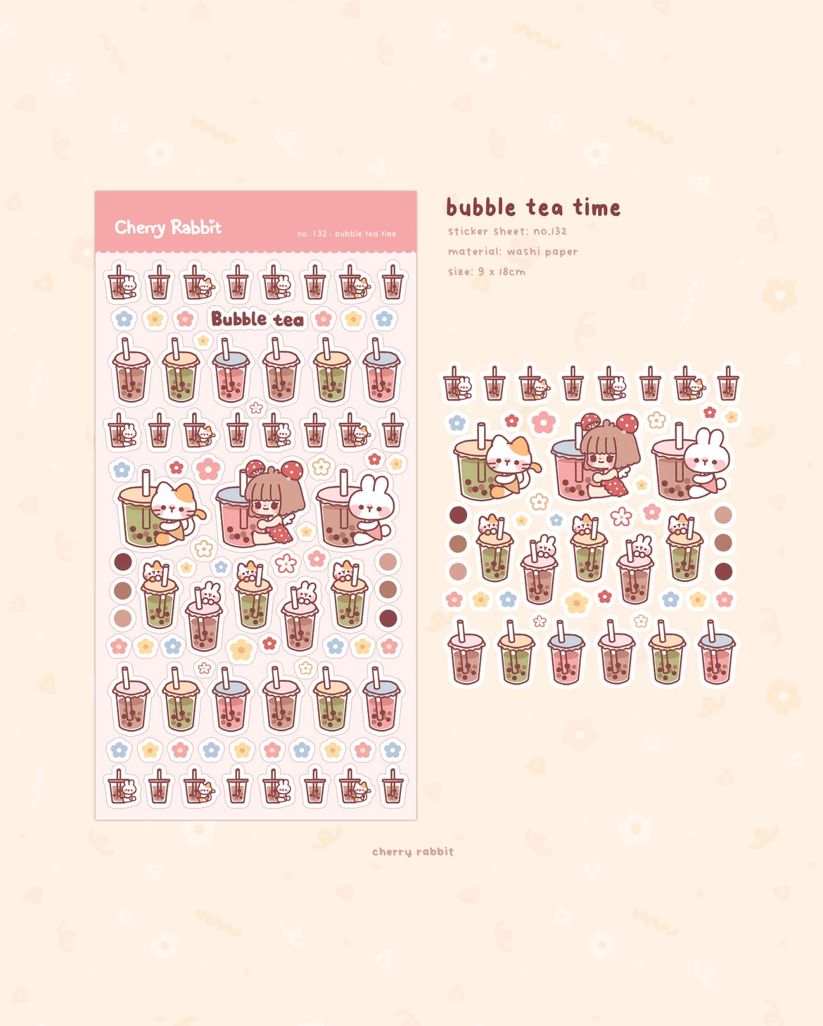 Cherry Rabbit Bubble Tea Time Sticker Sheet No. 132
Kiss cut sticker sheet
Sheet size: 9 x 18 cm
Material: Washi sticker / Masking sticker