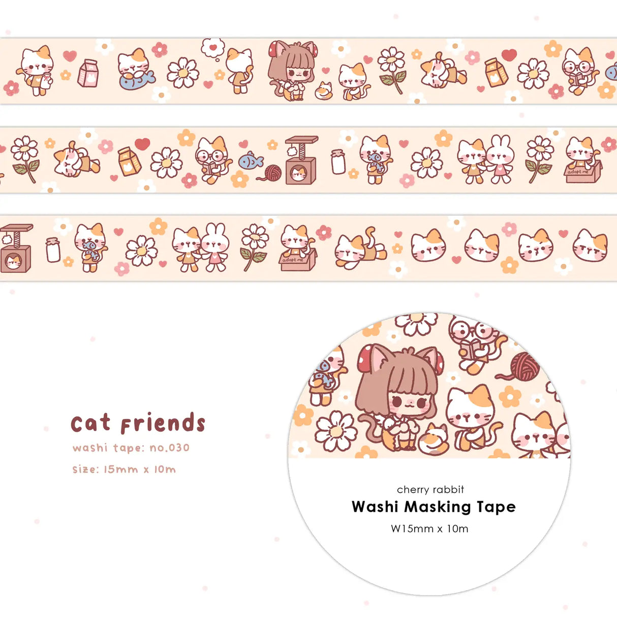 Cherry Rabbit Cat Friends Washi Tape
Decorate your planner / diary with this cute little washi tape ♡
Roll size: 15mm x 10m
Material: Washi
Includes 1 roll of washi
