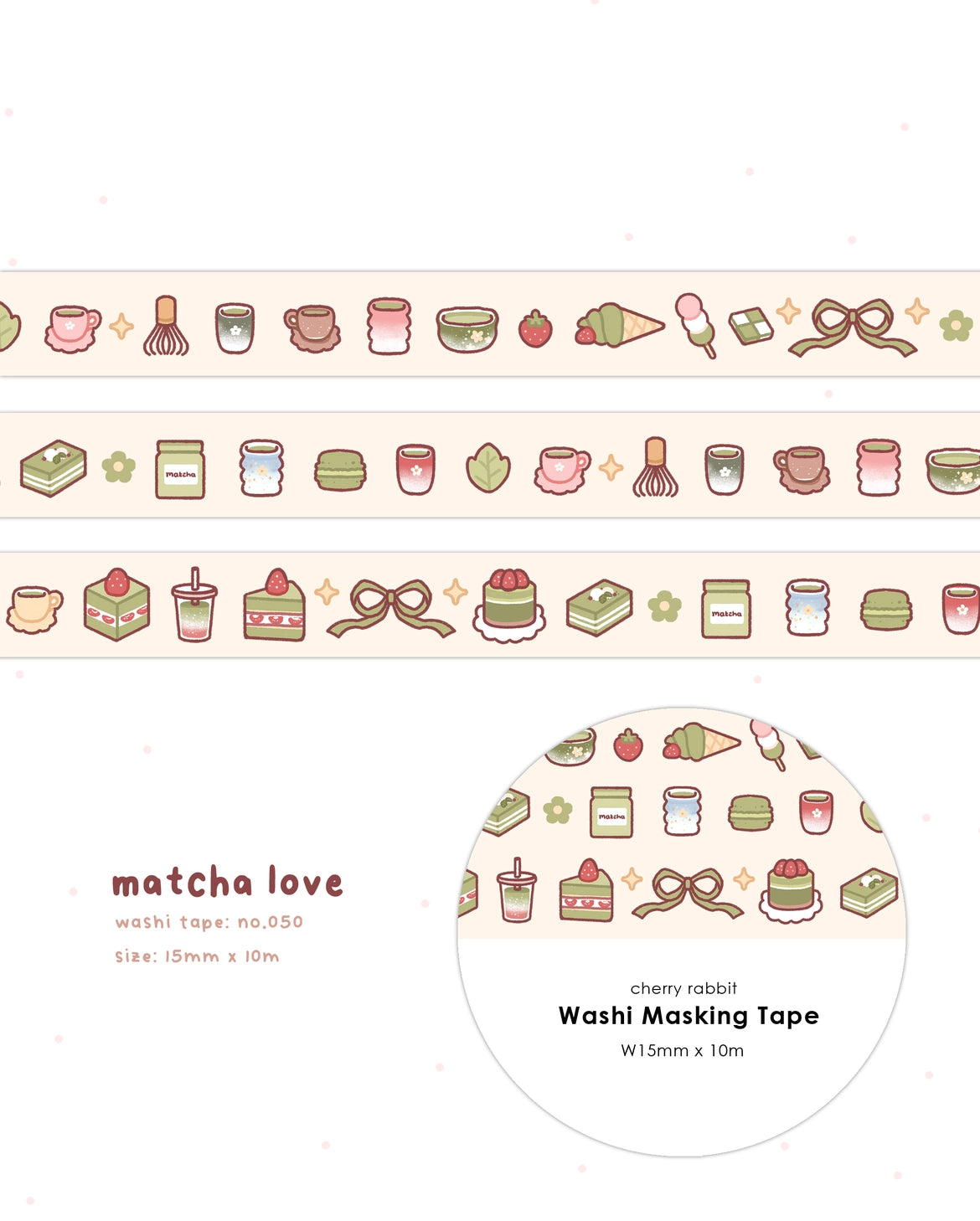 Cherry Rabbit Matcha Love Washi Tape
Decorate your planner / diary with this cute little washi tape ♡
Roll size: 15mm x 10m
Material: Washi
Includes 1 roll of washi