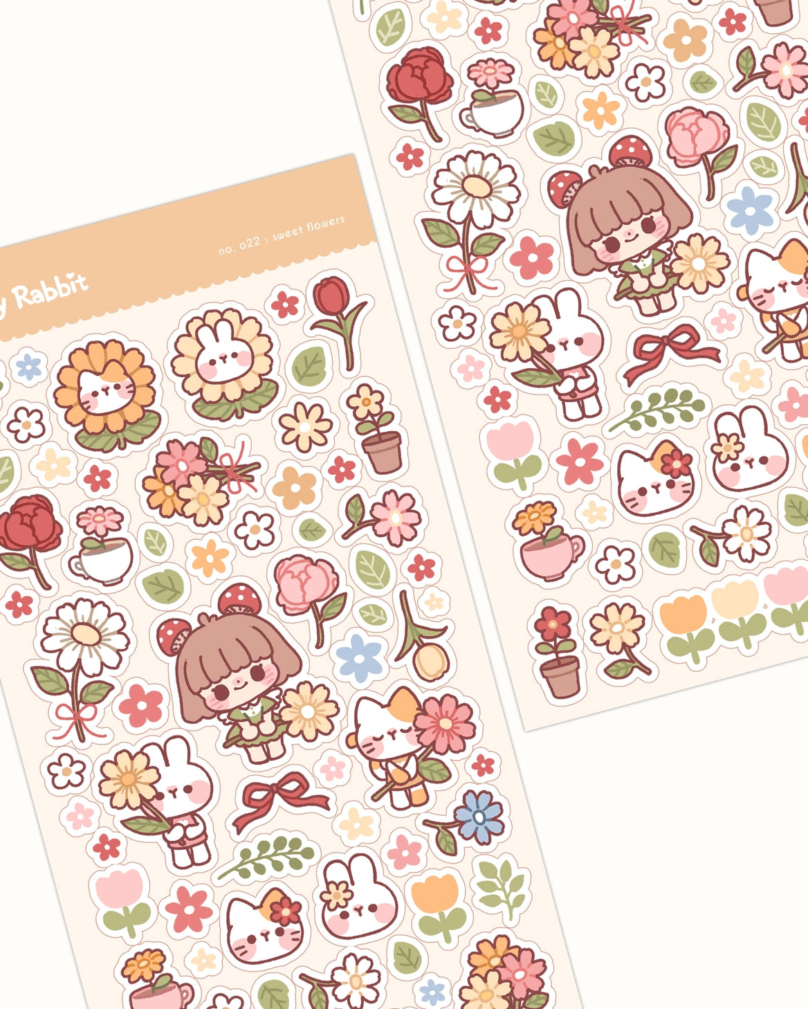 Cherry Rabbit Sweet Flowers Sticker Sheet No. 022
Kiss cut sticker sheet
Sheet size: 9 x 18 cm
Material: Washi sticker / Masking sticker